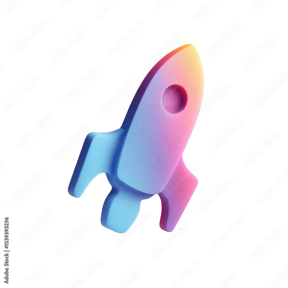 Poster a transparent png icon image of a 3d rocket launch with a beautiful and modern gradient effect desig