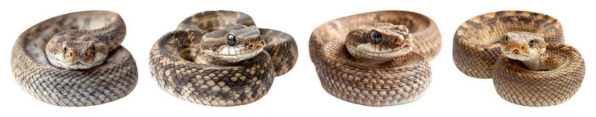 Fototapeta premium Four coiled rattlesnakes with diamond patterns are displayed on a black backdrop showing their scales and head details
