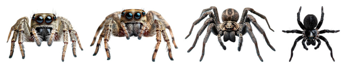 Fototapeta premium Four Spiders Featuring A Variety Of Sizes Colors And Patterns Are Isolated Against A Solid Transparent Background