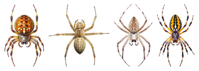 Four Orb Weaver Spiders With Different Coloration On A Transparent Background Viewed From Above