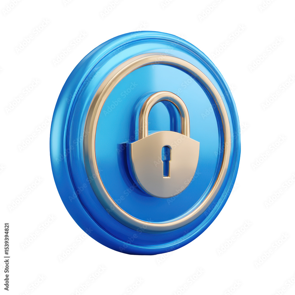 Poster a 3d rendered security icon of a padlock on a round blue surface against a transparent background sy