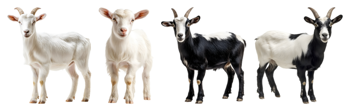 Four Goats Stand Against A Transparent Background Two Are White And Two Are Black And White Front View
