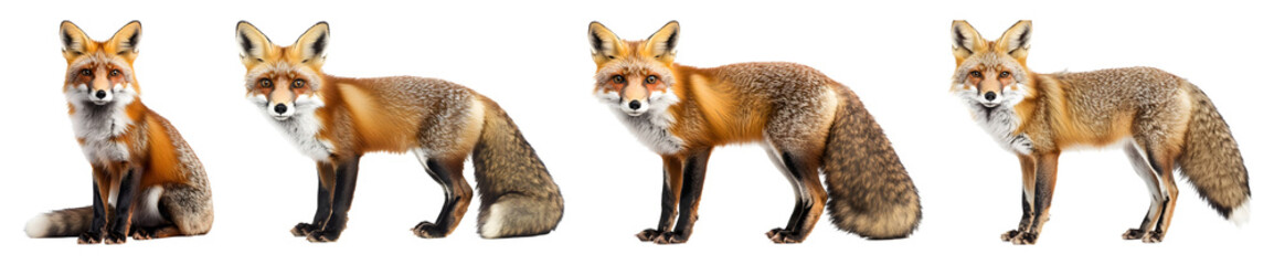 Fototapeta premium Four Red Foxes Are On A Transparent Background With Varied Poses And Body Positions Some Are Standing One Sitting