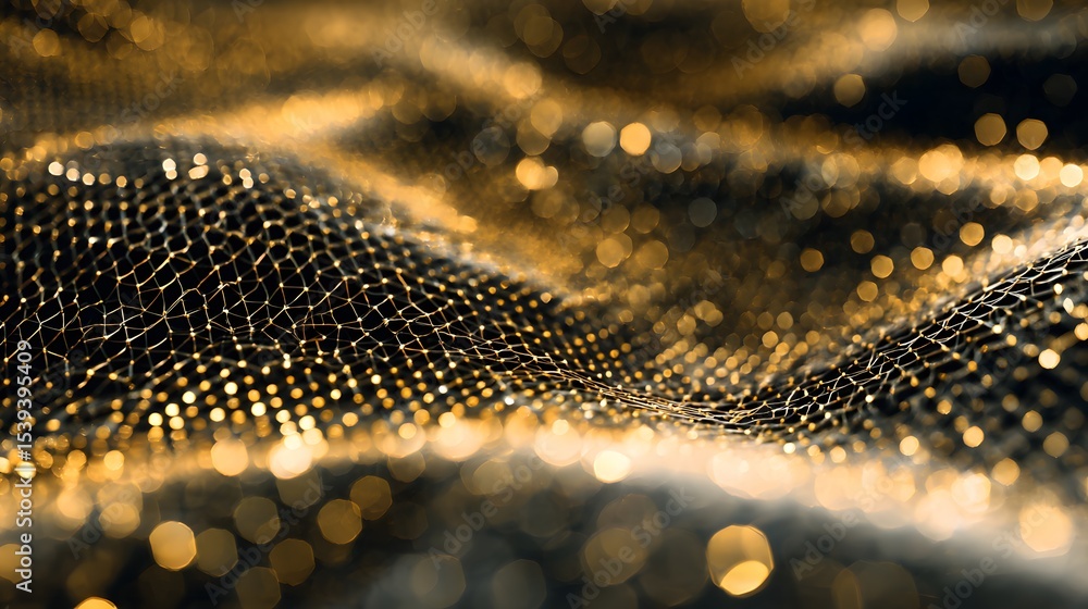 Poster golden abstract net-like structure with bokeh lights. connectivity, technology, and elegance blend i