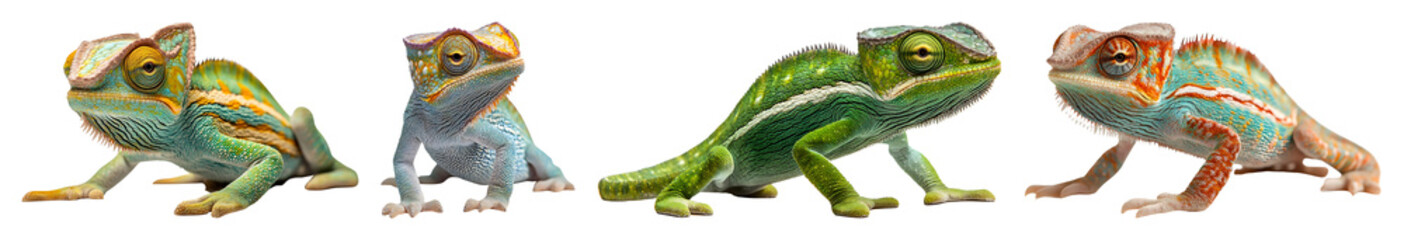 Obraz premium Four Colorful Chameleons Are Side By Side Showing A Variety Of Colors And Patterns Against A Transparent Background Isolate