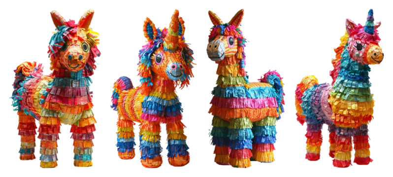 Four colorful pi atas featuring a horse and a unicorn design each covered in layered fringed paper standing against a
