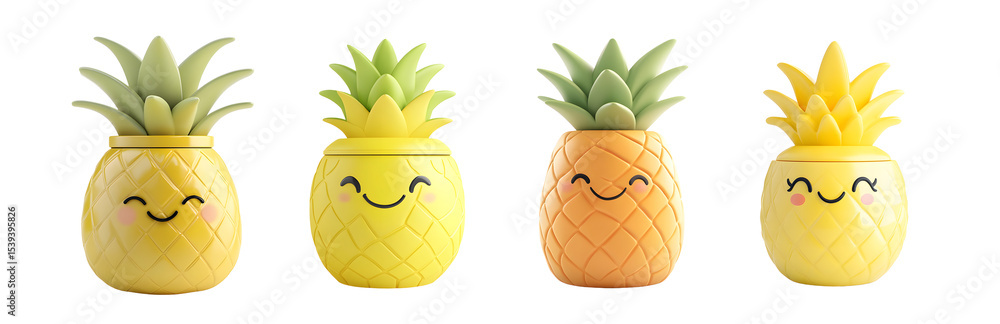 Poster set of cheerful pineapple characters in various shades. isolated on transparent background