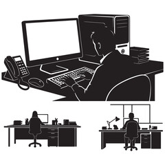 Fototapeta premium Computer Operator Working Silhouette - Office Desk Scene