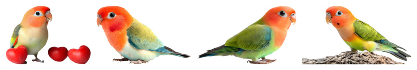 Four Colorful Lovebirds With Orange Heads And Green Wings Posed On A Transparent Background Some With Red Hearts