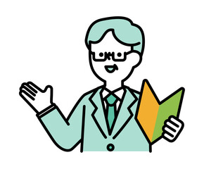 初心者マークを持って笑顔で話すスーツのシニア世代男性のベクターイラスト