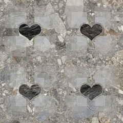 Geometric pattern texture with grunge stone hearts. Stylish floor wall tile heart