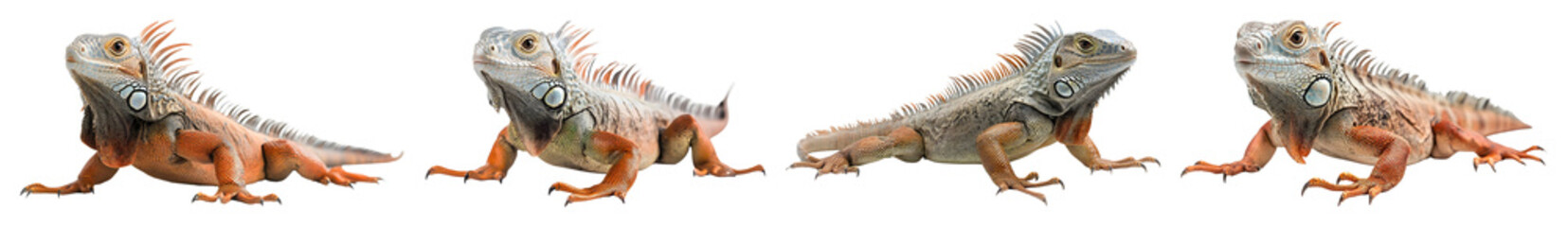 Fototapeta premium Four Iguana Lizards Varying Slightly In Pose And Facing Direction Presented Against A Solid Transparent Background