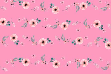 Delicate Floral Pink Pattern: An array of small, exquisite floral and leaf elements arranged beautifully on pink backdrop, best for feminine designs and backgrounds.