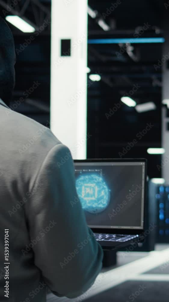 Poster vertical video server room admin using laptop to do infrastructure ai machine learning automatizatio