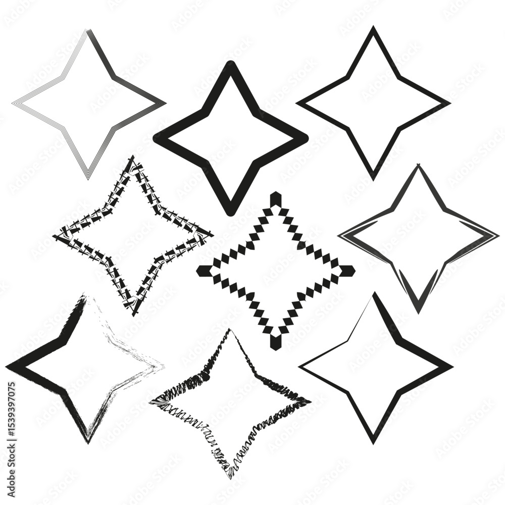 Poster outlined star symbols. decorative vector shapes. black white elements. symmetric minimal pattern.
