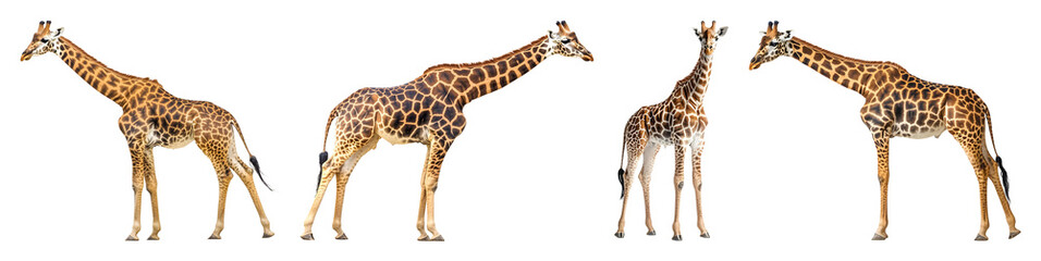 Obraz premium Four Giraffes With Brown And Tan Patterned Coats Are Shown In Different Poses Against A Transparent Background