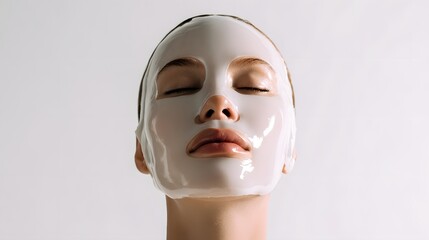 Woman with a sheet face mask on. She is relaxing with her eyes closed and is against a white background in this studio shot.
