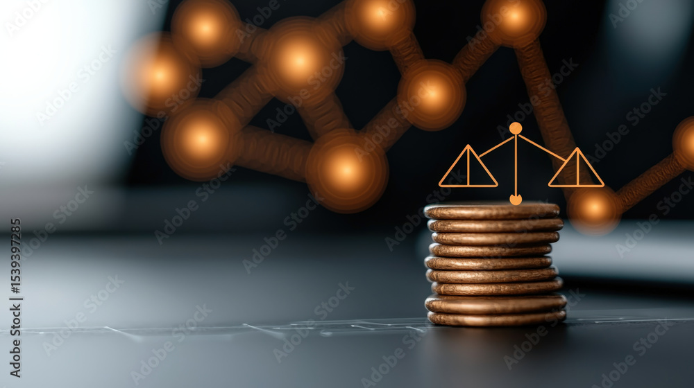 Poster Stack of coins is balanced with digital network background, symbolizing financial stability and technology integration. glowing network nodes add futuristic touch