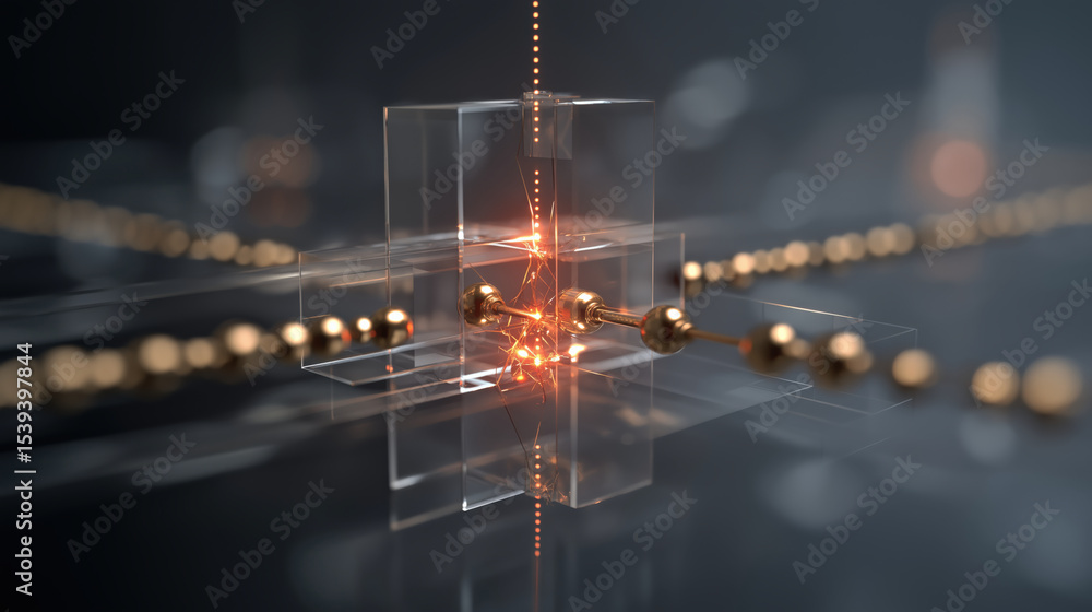Aufkleber Futuristic depiction of quantum computing with glowing particles and transparent structures, illustrating advanced technology and materials science