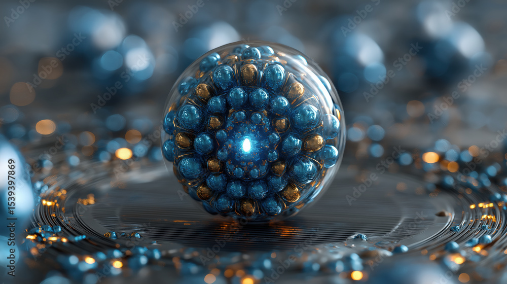 Aufkleber Futuristic, abstract representation of quantum computing concept featuring spherical structure with blue and gold elements, surrounded by metallic surface and glowing particles