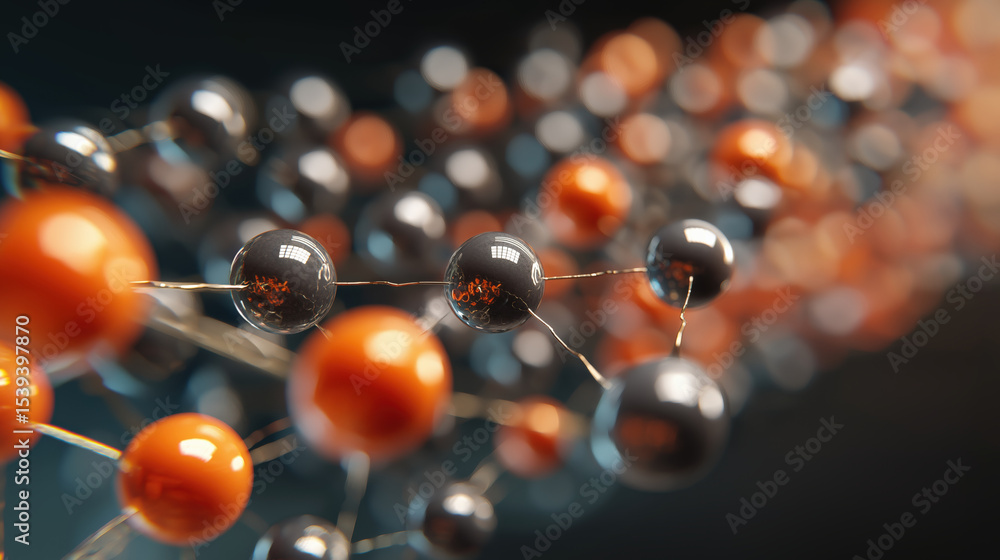 Poster Close up view of molecular structure with interconnected black and orange spheres, representing concept in quantum computing or materials science. image conveys sense of innovation and complexity