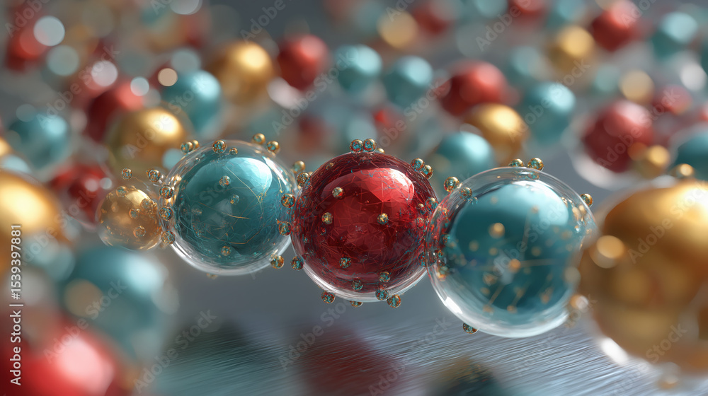 Poster Close up view of colorful molecular structures, featuring interconnected red, blue, and gold spheres, representing advanced materials science and quantum computing concepts