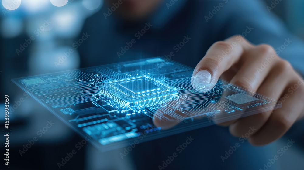 Aufkleber Person interacts with futuristic digital interface displaying glowing microchip, symbolizing advanced technology and innovation in electronics