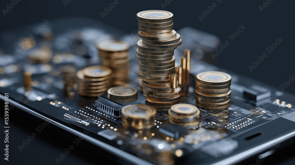 Poster stack of golden coins is digitally rendered on smartphone circuit board, symbolizing concept of tech