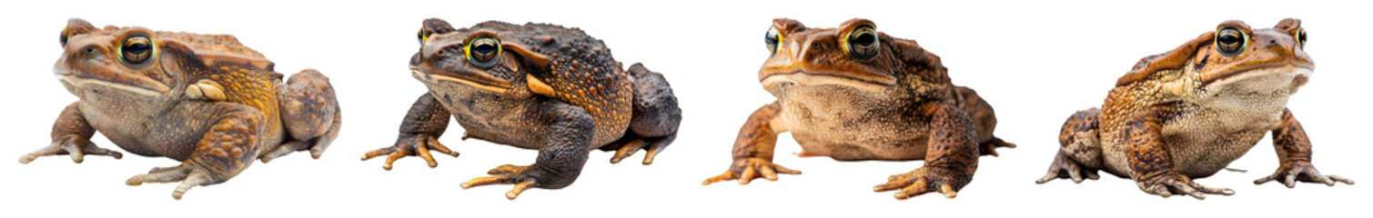 Collection Of Four Brown Cane Toads With Distinctive Skin Textures Viewed From Side And Front On A Transparent Background