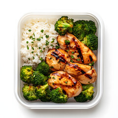 Delicious grilled chicken meal with steamed broccoli and fragrant rice, isolated on white background.