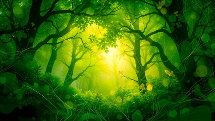 Fototapeta premium Sunlight streams through the misty, green forest, illuminating the path and awakening nature