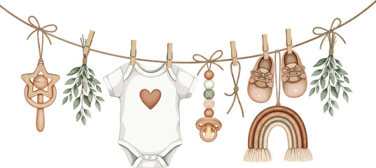 Watercolor baby illustration with clothing and accessories hanging on a clothesline. Onesie, shoes, rattle, pacifier and leaves. Drawing of childish garland for baby shower or newborn invitations.