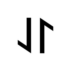 Two vertical black shapes with angled cuts facing each other on a white background create a simple design