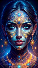 Mystical Woman with Blue Gold Mask.