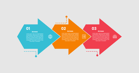 arrow shape infographic diagram with big arrow box container on horizontal direction with dotted line with 3 step for slide presentation