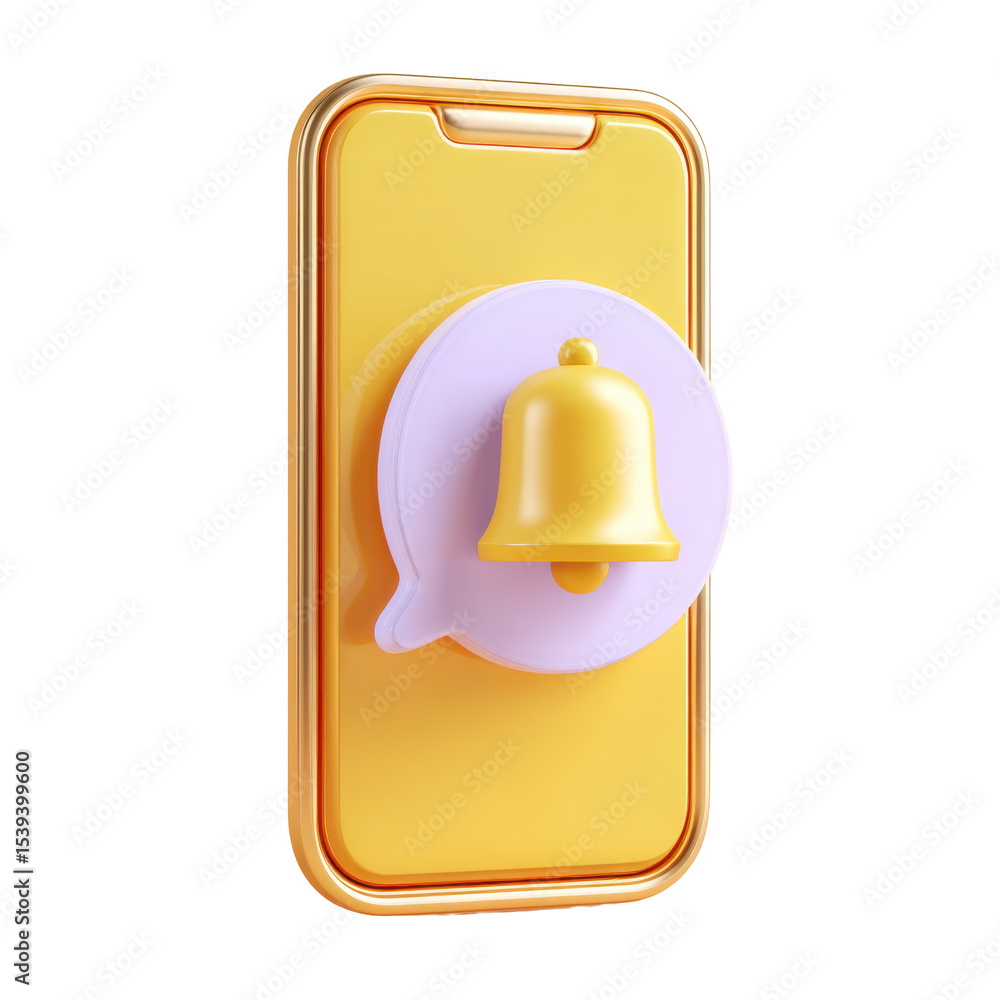 Poster minimalist yellow mobile phone displaying notification bell alert in a 3d render on a transparent pa