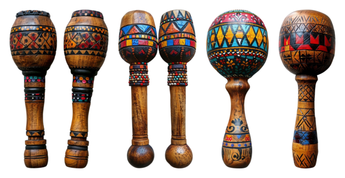 Six wooden percussion instruments displayed on a black backdrop featuring diverse designs and intricate painted details