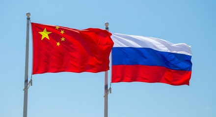 Flags of Russia and China waving in the wind