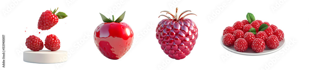 Poster set of three dimensional, glossy raspberries and a raspberry-like fruit. isolated on transparent bac
