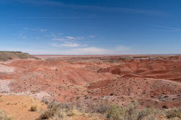 Painted desert landscape in Petrified Forest National Park under clear skies