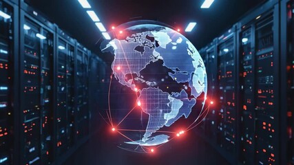 Futuristic server room featuring a holographic rotating globe with glowing data nodes, illustrating global network connectivity and cloud computing. - Powered by Adobe