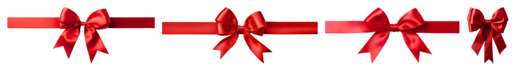 Fototapeta premium Row of red satin ribbon bows and horizontal bands positioned in a line against a black backdrop isolate