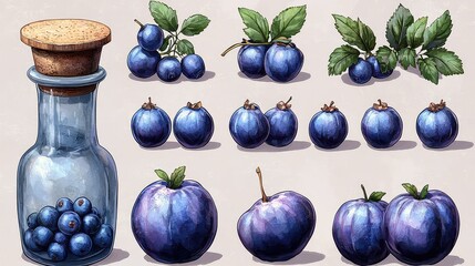 Hand-drawn illustration of various shades of blue berries and a glass jar.