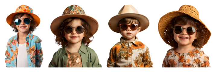 Four small children wearing hats and sunglasses pose against a black backdrop each with a different floral outfit