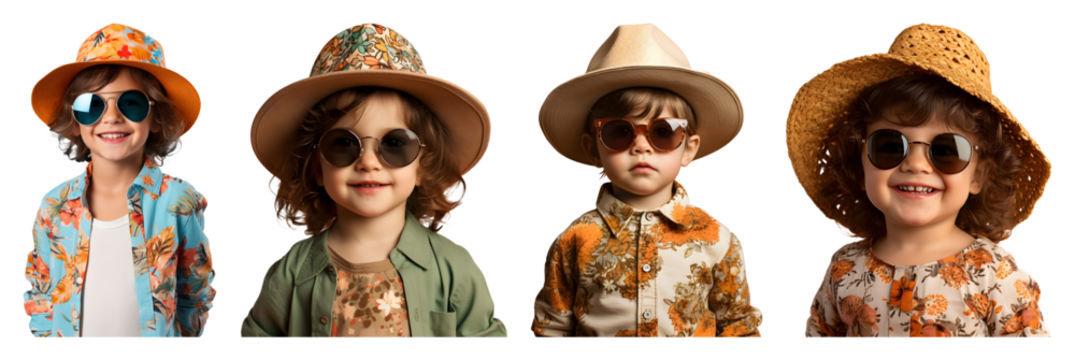 Four small children wearing hats and sunglasses pose against a black backdrop each with a different floral outfit