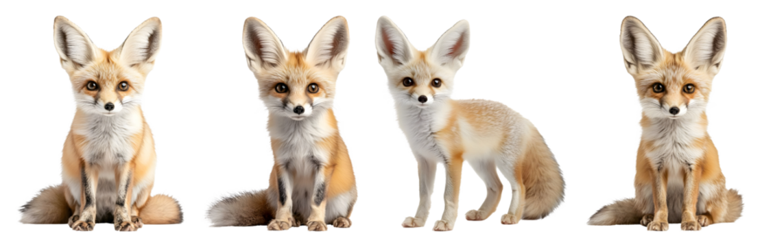 Four Fennec Foxes With Tan And Cream Fur Are Isolated On A Transparent Background Two Sitting And Two Standing Facing Forward - Powered by Adobe