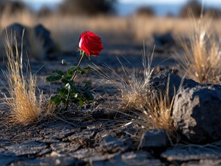 Single red rose bush growing from cracked dark soil in dry landscape