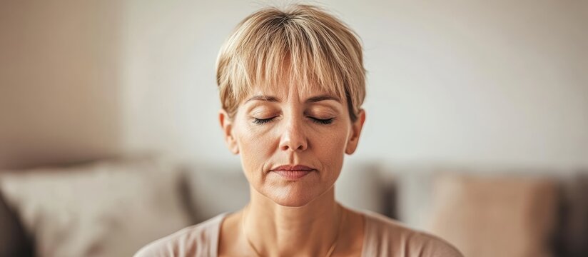 Serene middle-aged woman practices mindful meditation for inner peace