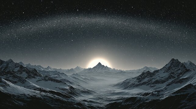 Snowy mountain range under a starry sky.