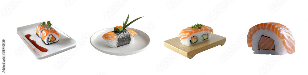 Poster set of assorted sushi rolls on various plates isolated on transparent background